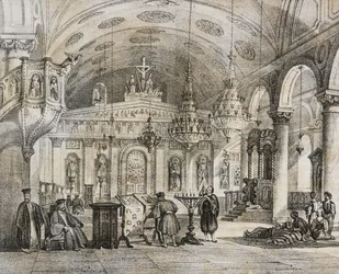 Baloukli görög templom belseje, Konstantinápoly közelében, Törökország, Salvatore Puglia litográfiája a Poliorama Pittorescoból, n. 28, február 15.