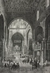A Palazzo dei Normanni Palatinus-kápolna vagy a Palermói Királyi Palota belseje, Szicília, Olaszország, Salvatore Puglia litográfiája a Poliorama Pittoresco-ból, 41. szám, május 21.