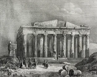 Parthenon, Athéni Akropolisz, Görögország, Salvatore Puglia litográfiája a Poliorama Pittorescoból, n. 32, március 19.