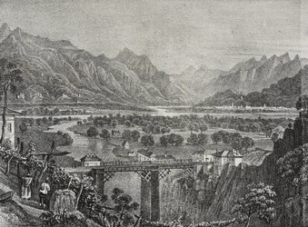 Kilátás az Ossola-völgyre Sempionéből, Piemont, Olaszország, Salvatore Puglia litográfiája a Poliorama Pittorescoból, n. 28, február 18.