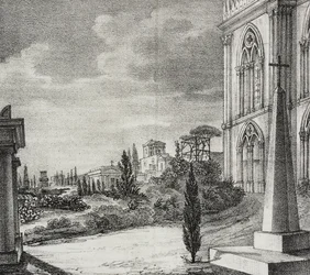 Kilátás a temetőre a gótikus kolostorból, Nápoly, Campania, Olaszország, Salvatore Puglia litográfiája, Poliorama Pittoresco, n 34, április 1.