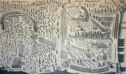 A George-tói csata, amelyben Sir William Johnson megsebesült (litho)