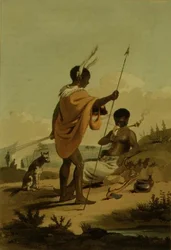 Bushooana férfi és nő, John Barrow (1764-1848) „A Voyage to Cochinchina” című művének 19. táblája, William Alexander (1767-1816) rajza, Thomas Medland (1755-1823) metszete, 1806 (akvatinta)
