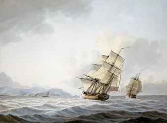 A "Resolution" és a "Discovery" hajók Tahiti partjainál, James Cook kapitány (1728-1779) harmadik útja (1776-1780) során.