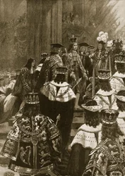 I. György trónra ültetése a koronázásán, 1714. október 20., a „The Illustrated London News“ című lapból, 1902