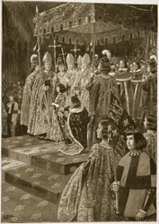 A sarkantyúk és a kard átadása VI. Henrik koronázásán Szent Lénárd napján, 1429. november 6-án, a „The Illustrated London News” című lapból, 1902