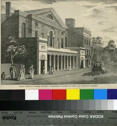 First Chestnut Street Theatre, Fifth and Chestnut Streets északkeleti sarka, 1820 körül (fametszet)