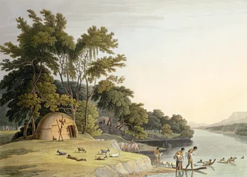 Egy Korah Hottentot falu az Orange-folyó bal partján, 1. tábla az „Afrikai tájak és állatok” című könyvből, a művész metszetével, 1804 (akvatinta)