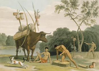 Korah Hottentots Preparing to Remove, 20. tábla az „Afrikai tájak és állatok” című művéből, a művész által metszett, 1805 (akvatinta)