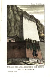 Tessaling Láma lakóháza a Kugopea nevű vallási építménnyel. Samuel Davis hadnagy illusztrációja Samuel Turner kapitánytól (1759-1802) Egy nagykövetség beszámolója a tibeti Teshoo láma udvarában 1800. Dell