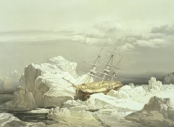 A H.M.S. kritikus álláspontja Nyomozó a Baring-sziget északi partján, 1851. augusztus 20., vésette William Simpson, kiadta az Ackermann und Co., 1854
