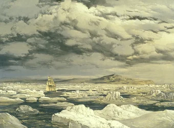 Az első szárazföld felfedezése a HMS Investigatorról, 1850. szeptember 6., E. Walker metszete, 1854