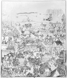 Henrik király táborozása Marquisonban, 1544. július, James Basire metszet, 1788
