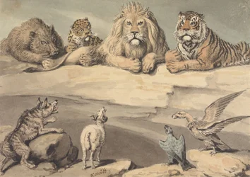 Egy vaddisznó, egy leopárd, egy oroszlán, egy tigris, egy farkas, egy kos és két sas
