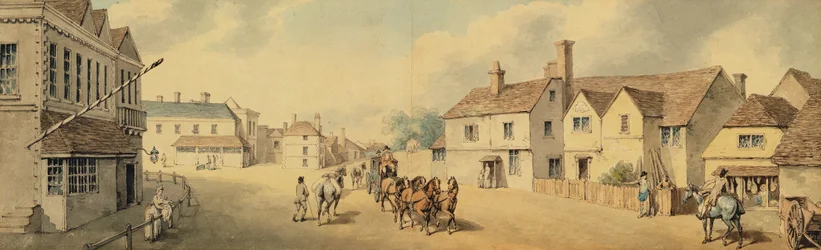 Egy edző és négyen áthaladnak Chippenhamen, Wiltshire-ben (toll, tinta és WC papíron)