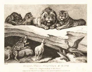 Állatok közötti bírósági ügy, oroszlán és tigris bíróként. 1811 (rézkarc)