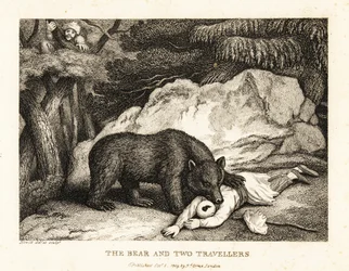 Egy turbános utazó holtan játszik, miközben megtámadja egy medve. 1811 (rézkarc)