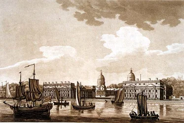 Greenwich Kórház, illusztráció a „Picturesque Views of the Thames River”, pub. 1799 (rézkarc, akvatinta)