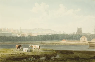 Kilátás az úszó kikötőre, a Szent György-templommal, a Brandon-dombbal és a katedrálissal, 1825 körül (ceruza és akvarell papíron)