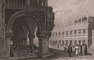 A Dózse-palota (Palazzo Ducale) árkádsorának rövidítése, kilátással a Szent Márk térre és a Könyvtárpalotára, Velence, Veneto, Olaszország, Samuel Prout (1783-1852) rajza alapján készült acélmetszet, kb 15x11,5 cm