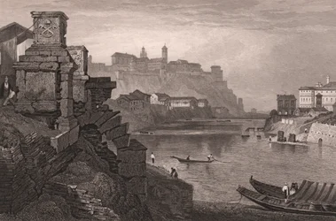 A Tiberis folyó Aventinus hegyével a háttérben, Róma, Lazio, Olaszország, acélmetszet Samuel Prout (1783-1852) rajzából, kb 15x115 cm