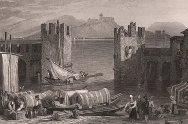 Kilátás az Angera kastélyra Aronában, Lake Maggiore, Piemont, Olaszország, acélmetszet Samuel Prout (1783-1852) rajzából, kb 16x11 cm
