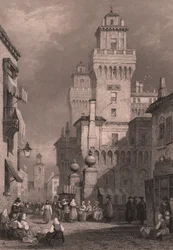 Castello Estense látképe, Ferrara, Emilia-Romagna, Olaszország, John Godfrey (1817-1889 körül) acélmetszete Samuel Prout (1783-1852) rajza után, kb. 26x17 cm, kiadó: Blackie and Son.