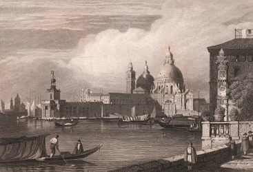 Kilátás a Grand Canalra (Canal Grande), háttérben Punta della Dogana és Basilica di Santa Maria della Salute, Velence, Veneto, Olaszország, acélmetszet Samuel Prout (1783-1852) rajza alapján, kb 15x11,5 cm
