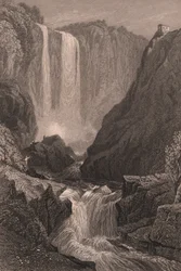Kilátás a Marmore-vízesésre (Cascata delle Marmore) Terni közelében, Umbria, Olaszország, acélmetszet Samuel Prout (1783-1852) rajza alapján, kb 15x11,5 cm