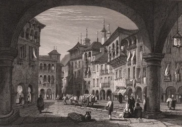 Kilátás a Domodossola-i piactérre, Piemont, Olaszország, acélmetszet Samuel Prout (1783-1852) rajzából, kb 16x11 cm
