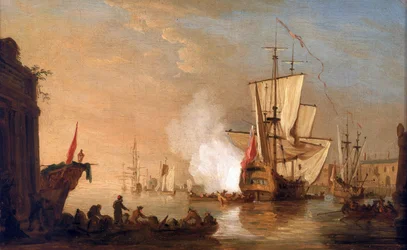 Brit hadihajó ágyúval üdvözli a kikötőbe érkezéskor, amelynek épületei egy földközi-tengeri kikötőt idéznek. Olaj, vászon, 1765 körül, Samuel Scott (1702-1772) alkotása.
