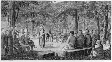 Long őrnagy tanácskozást tart az Oto (Missouri) indiánokkal, Lawson metszete, 1819