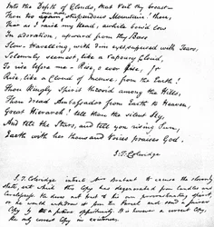 Coleridge Himnusz napkelte előtt a Chamouni völgyében című versének utolsó sorai, amelyet a költő saját kézírásával írt, és levélben küldték el Devizes-i Brabantnak, 1815