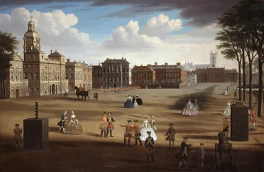 Kilátás a lóőrök nyugati frontjáról a Kincstárral és a Downing Streeten túl, 1758 körül