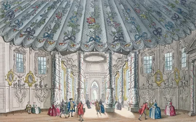 A Vauxhall Gardens elegáns zeneszobájának belső képe, H. Roberts metszet, 1752 (kézzel színezett metszet)