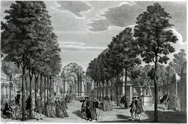 A diadalívek, Händel szobra a Vauxhall Gardens déli sétányában, John S. Muller metszetével (kézzel színezett rézkarc és metszet)