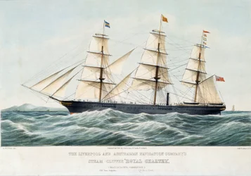 Az Ausztrália és Liverpool hajózási társaság királyi klipperje. Kézi színes litográfia, 1856 körül, készítette Samuel Walters (1811-1882).
