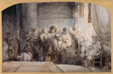 Júdás átveszi a harminc ezüstöt, 1640 körül (toll és tinta vörös krétával, mosás papíron)
