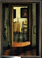 A papucsok. Egy hollandiai ház belső tere - Samuel Hoogstraten (1626-1678) festménye, flamand iskola, 17. század, 1,03 x 0,70 m, Párizs, Musée du Louvre