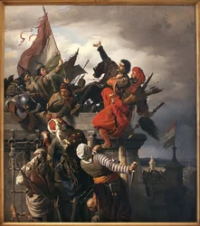 Dugovics Titusz (? -1456) önfeláldozása. Magyar nemzeti hős, aki kitűnt az Oszmán Birodalom belgrádi ostroma során.