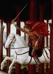 Nastagio degli Onesti története: Találkozás az elátkozottakkal a fenyvesben (Boccaccio Dekameron-regényéből) (olaj, panel