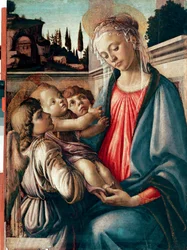 Madonna a gyermekkel és két angyallal, 1468-1469. Mérete: 100 x 71 cm. Nápoly, Galleria Nazionale di Capodimonte