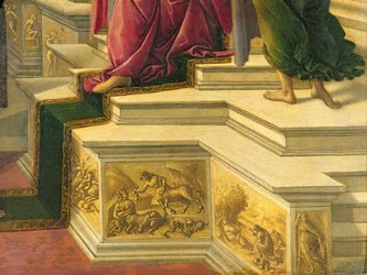 Calumny of Apelles: részlet a podia egy részét, amely szimulált szobrászati frízekkel díszített, klasszikus témákat ábrázolva, 1497-98 panelrészlet a 31582-ből
