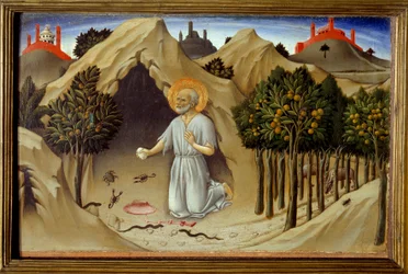 Szent Jeromos életének jelenete: „” Szent Jeromos bűnbánata”” Sano di Pietro festménye (1406-1481) XV. század. Nap 0,23x0,36 m