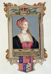 Boleyn Anne (1507-36), VIII. Henrik 2. királynőjének portréja fiatal nőként az Erzsébet királynő udvarának emlékirataiból, 1825-ben (wc és gouache papíron)