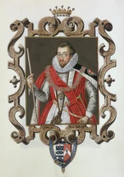 Robert Cecil (1563-1612) 1. Salisbury grófjának portréja az 1825-ben kiadott "Emlékiratok Erzsébet királynő udvaráról" című kötetből (wc és gouache, papír).