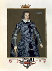 Robert Devereux (1566-1601) Essex 2. grófjának portréja Erzsébet királynő udvarának emlékirataiból Sir William Segar (fl.1913-d.1633) 1825-ben megjelent olaja nyomán (wc és gouache papíron)