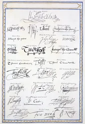 A Tudorok és udvaraik aláírásainak reprodukciója az 1825-ben megjelent „Erzsébet királynő udvarának emlékirataiból” (toll és tinta papíron)