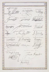 A Tudorok és udvaraik aláírásainak reprodukciója az 1825-ben megjelent „Erzsébet királynő udvarának emlékirataiból” (toll és tinta papíron)