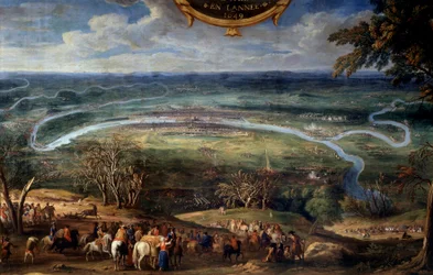 II. Bourbon Lajos, Conde hercege (Bourbon-Conde) (Grand Conde) (1621-1686) akciói, Párizs blokádja 1649-ben a Megváltó Le Conte (Leconte, Le Comte, Lecomte) Fronde-festménye során (1659) -1694) 17. századi Chantilly, Musee Conde